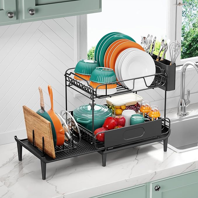 Urackify Dish Drying Rack for Kitchen Counter, Expandable 2 Tier Dish Rack, Large Capacity Dish Drainer with Drainboard Multifunctional Dish Strainer with Removable Cutlery Holder Black | 2 Tier. Expands from 16.9 to 26.6 inches to fit more dishes, wit... - Image 8