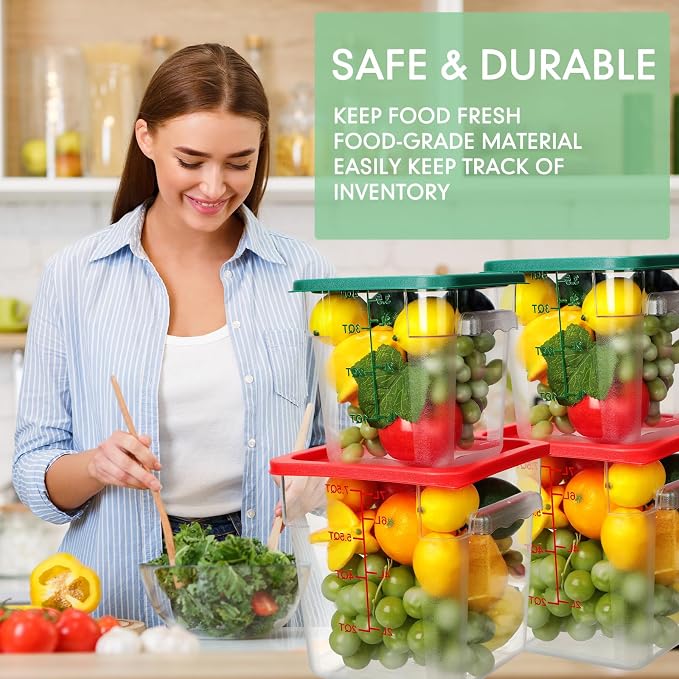 Lallisa 4 Pcs 8qt & 4qt Clear Food Storage Containers with Lids Handles and Scales, Stackable Plastic Square Food Storage Containers for Dough Proofing Baking Kitchen Restaurant(Red, Green) - Image 6