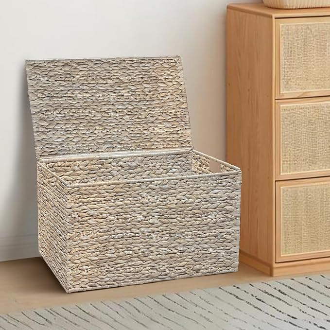 Water Hyacinth Storage Basket with Lid, 42.3 Gallon (160L) Wicker Storage Trunk with Handles, Handwoven Wicker Storage Basket for Blanket, Foldable, for Living Room, Laundry Room, White - Image 6