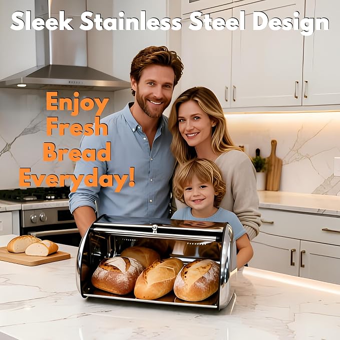 Large Stainless Steel Bread Box for Kitchen Countertop, Roll Top Metal Bread Storage Container with Window & Air Vents, Bread Keeper for Homemade Bread, Pastries (17.1x10.6x7.08 In) - Image 7