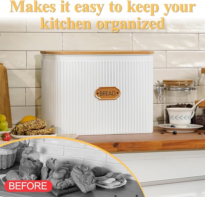 Extra Large Vertical Stripe Embossed Bread Box with Bamboo Lid | Corner Breadbox for Homemade Bread, White Metal Bread Storage Container Bin for Kitchen Countertop, Fits 2 Loaves of Bread - Image 7