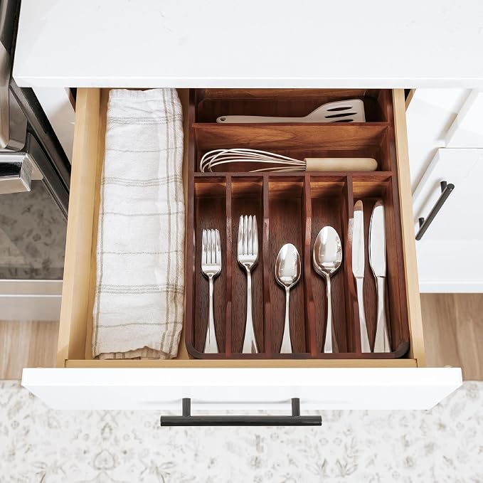 Silverware & Utensil Organizer, Fixed 10.5 in, Acacia | Cutlery, flatware holder, rounded corners, 7 compartments, non-slip feet, kitchen drawers - Image 8