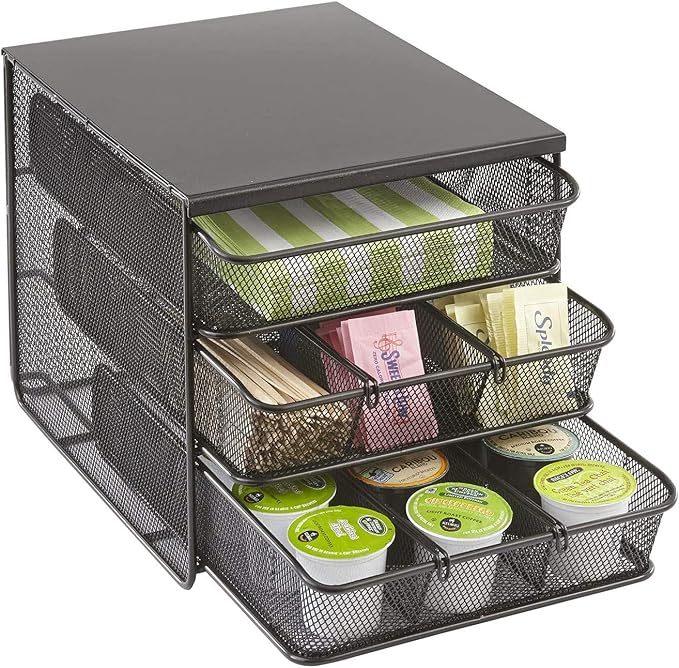 Safco Onyx Hospitality Organizer, 3 Drawers, For Snacks, Coffee Pods, Sugar Sweetener, Stirrer, Napkins and More, Steel Mesh, Black - Image 4