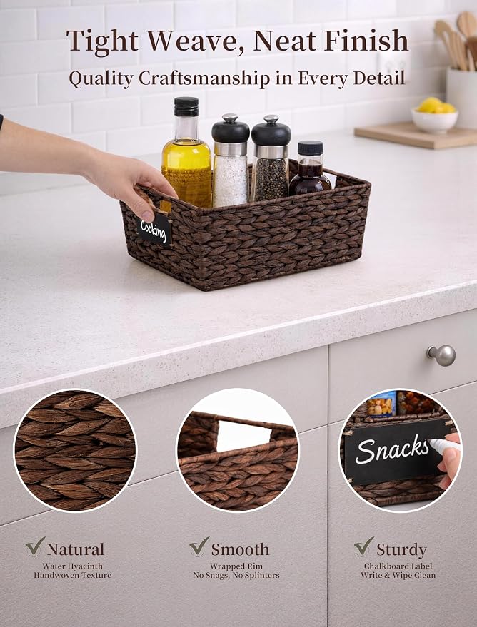 Pantry Baskets, 3 Pack Wicker Storage Baskets for Shelves, Brown | Water Hyacinth Baskets for Organizing, 3-Size Pantry Bins with Chalkboard and Marker for Shelf, Snack, Kitchen, Bathroom - Image 6