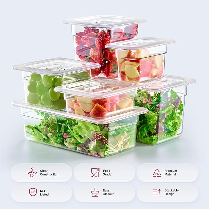 6 Pack Plastic Food Pans with Lids NSF Listed, 1/6 Size 4 in Deep Clear Food Storage Containers, 1.8 qt Stackable Polycarbonate Commercial Hotel for Fruits Vegetables Beans Corns - Image 9