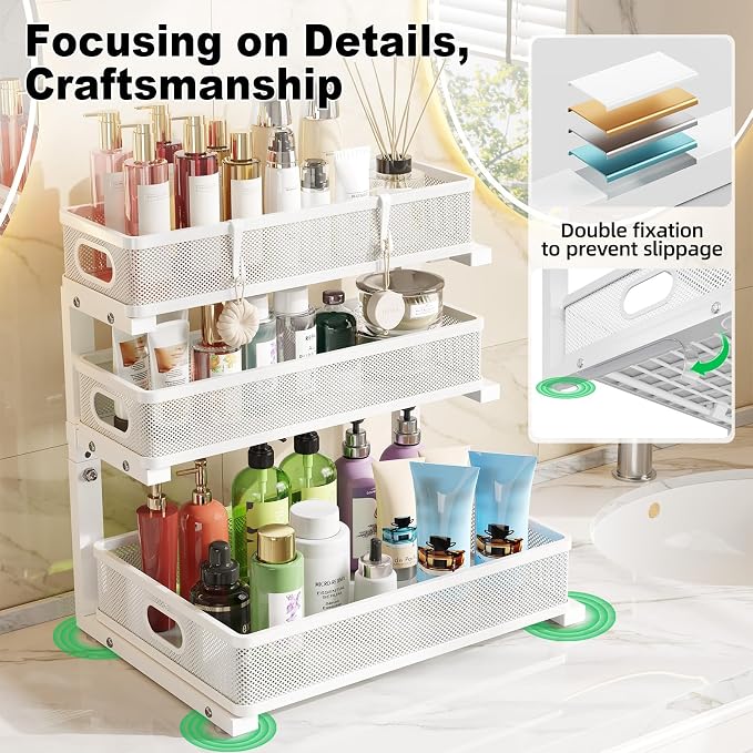 2 Pack Under Sink Organizer,3-Tier White Metal Pull Out Kitchen Cabinet Organizers,Slide Out Undersink Storage Drawers,Under The Sink Organization and Storage, Bathroom Shelves for Pantry,Laundry Room - Image 9