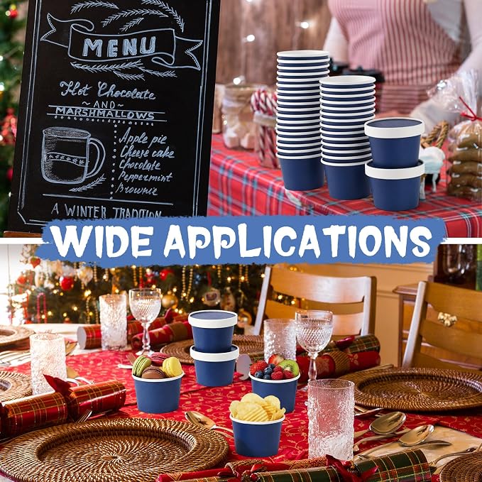 Fulmoon 100 Pack Paper Soup Containers with Lids Disposable Paper Food Containers with Vented Lid Kraft Ice Cream Cake Dessert Cups Soup Bowl for Party Hot Food Fruit Microwave(8 oz,Navy Blue) - Image 7