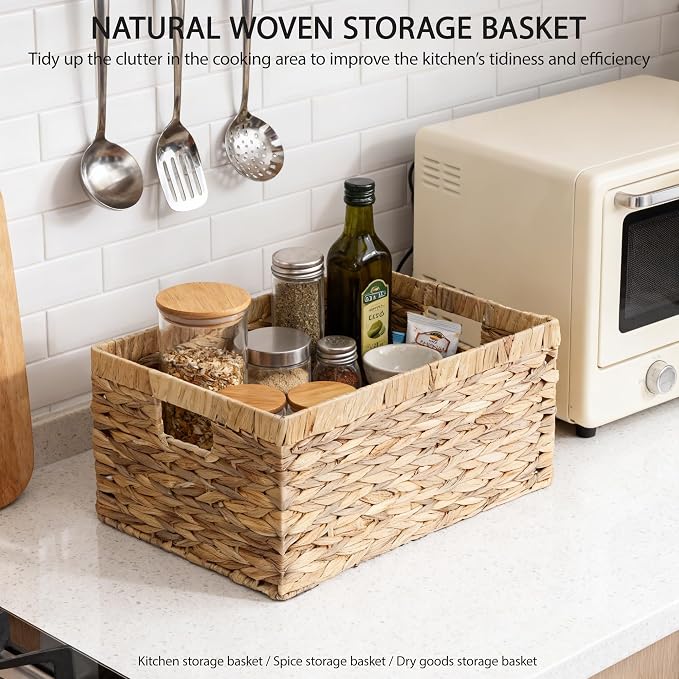 Woven Natural Water hyacinth Rectangular Storage Baskets with inside Handle,Kingwillow(Large) - Image 9