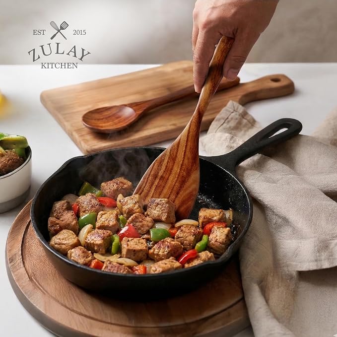 Zulay Kitchen Extra-Large 5-Piece Wooden Spoon Set - Smooth Teak Cooking Utensils - Comfort-Grip Non-Stick Turner, Spatula, Skimmer, Fork, Serving Spoon - Image 9