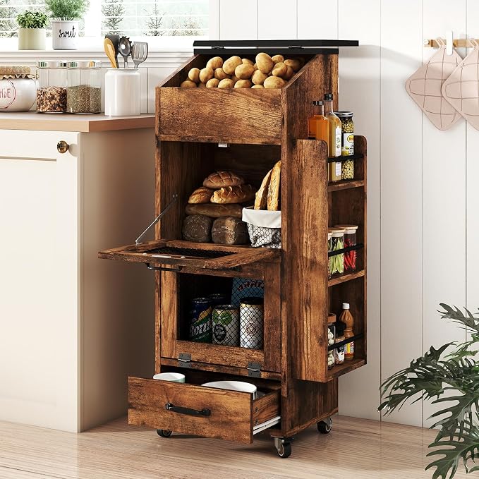 Verano Garden 16.0" Potato and Onion Storage Bin on Wheels, Bread Box | Fruit and Vegetable Organizer, Rolling, Side Rack, Flip-top, Mesh Doors, 4-Tier, Grocery Section, Ventilated, Wood, Kitchen - Image 9