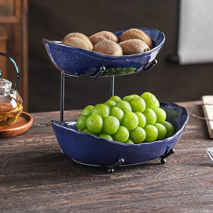2-Tier Fruit Bowls for Kitchen Counter,Dark Blue Ceramic Bowl with Black Metal Stand,2 Tier Fruit Basket for Fruit,Snack,Cake,Nuts,Dessert Storage - Image 7