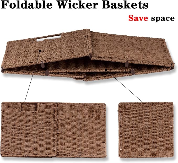 Wicker Storage Basket, Set of 2 Hand-Woven Storage Baskets for Shelves with Handles, Foldable Cube Storage Baskets Bins Organizer, 13 inch Large Wicker Baskets for Pantry Bedroom Decor, Brown - Image 7
