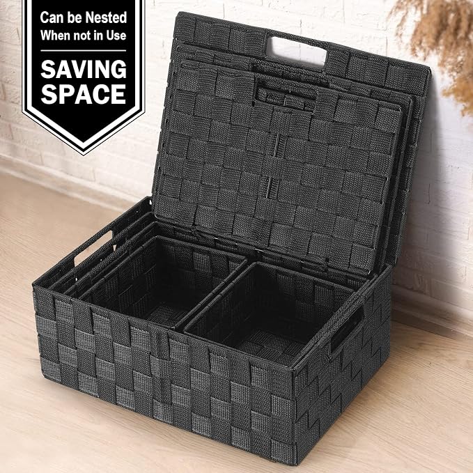 Storage Baskets with Lids: 5 Pack Stackable Woven Storage Bins, Black | Decorative Woven Baskets for Organizing with Built-In Handles for Shelves, Closets, Cabinets and Cubbies, Gift Small Basket - Image 7