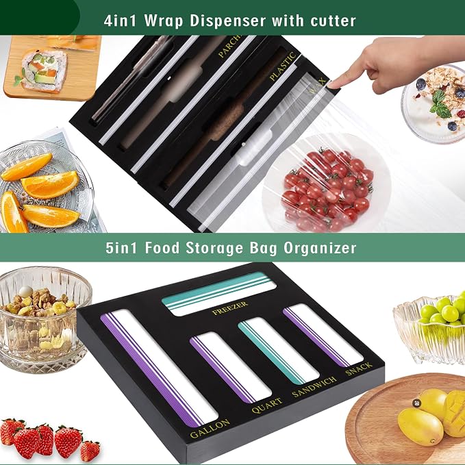 9 In 1 Storage Bag Organizer And Plastic Wrap Dispenser With Cutter, Bamboo Foil and Plastic Wrap Organizer - Image 6