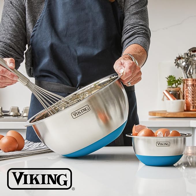Viking Mixing Bowls Set, 10 Piece Stainless Steel Kitchen Cookware, Non-Slip Silicone Base, Includes Tight Fit Lids, Dishwasher Safe, Teal - Image 6