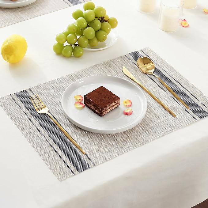 Leetaltree Khaki-Blue Placemats, Heat Resistant Non-Slip Place mats for Dining Table, Washable Durable PVC Vinyl Woven Table Mats (Set of 8) - Image 9