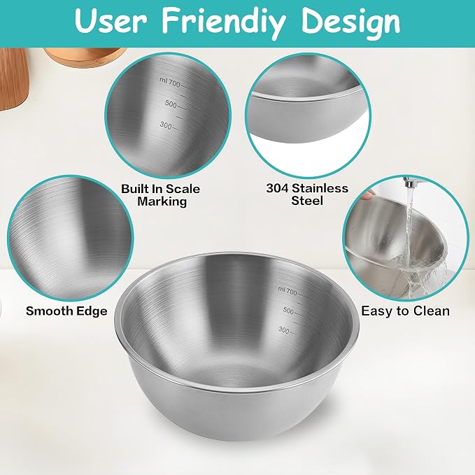 12 Pcs 304 Stainless Steel Mixing Bowls with Graduations, Metal Serving Salad Bowls, Reusable Baking Food Storage Containers for Baking, Cooking, Making Salads, Soups, Ice Cream, Noodles, cereal - Image 9