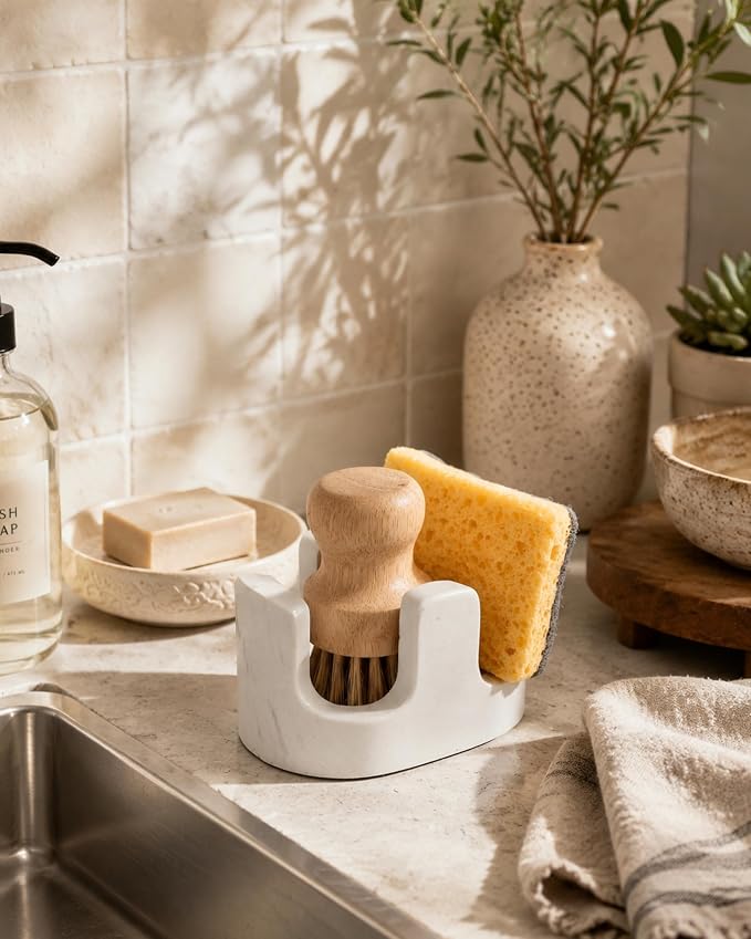 White Marble Sponge Holder for Kitchen Sink, Dual Slot Stone Caddy,Carrara White | 2-in-1 Natural Stone Sponge & Brush Holder, Raised Edge Helps Catch Water, Keeps Countertops Dry , Keeps Countertop Dry - Image 9