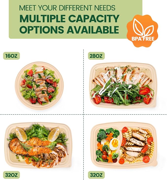 Glotoch Express 32 oz-200 Pack Meal Prep Containers with Lids,Resuable Cornstarch Material Salad Containers, Plant-based Lunch Boxes, Plastic Take Out Bowls for Restaurant - Image 8