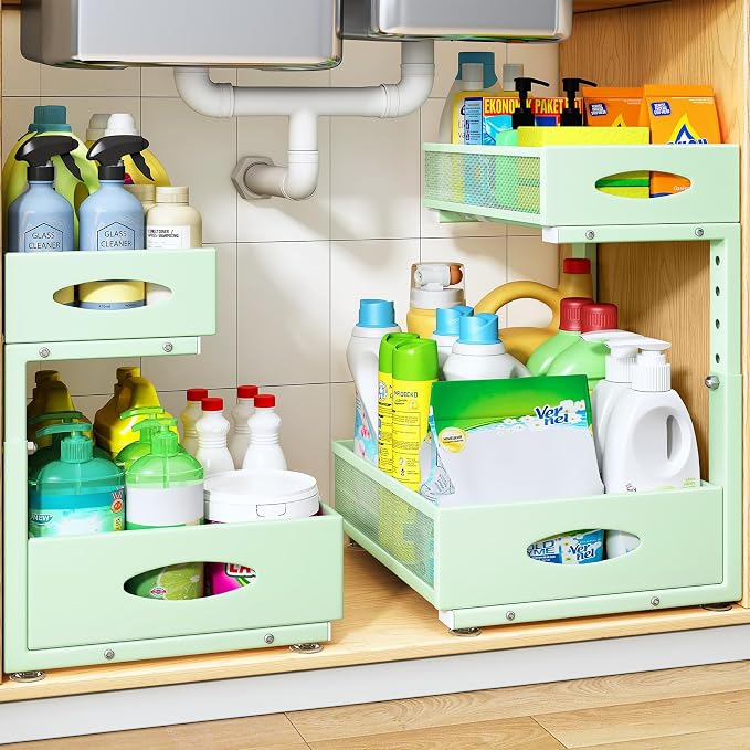 Under Sink Organizer, 2 Pack 2 Tier Pull Out Under Cabinet Organizer Shelf with Pad for Framed Cabinets, Metal Slide Out Under Sink Storage, Mesh Sliding Drawers for Kitchen Bathroom Laundry, Green by PXRACK