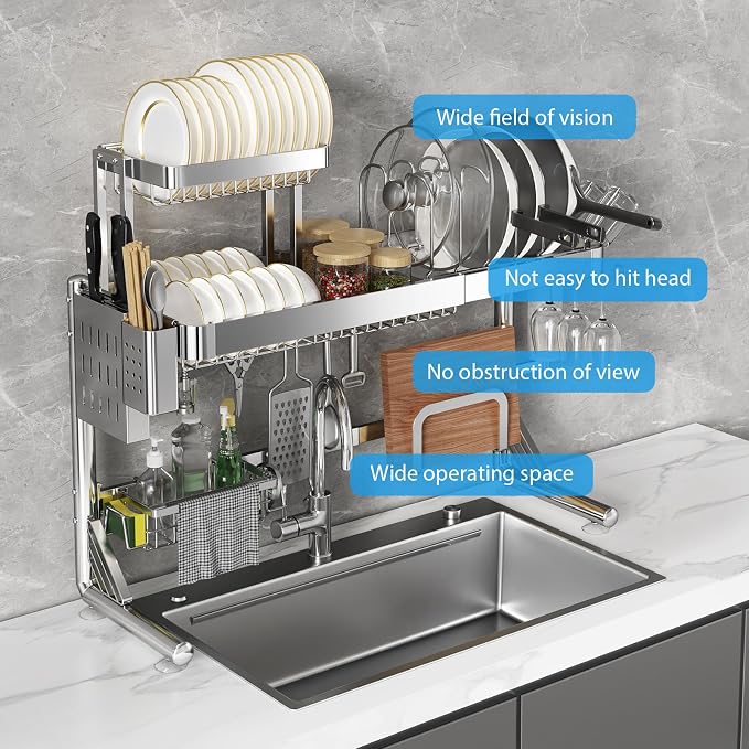 Over Sink Dish Drying Rack, Upgrade 2.5-Tier 304 Stainless Steel Dish Rack Adjustable Length with Pots and Pans Rack, Modern Over The Sink Dish Drainer Rack for Kitchen Storage Counter Organizer - Image 8