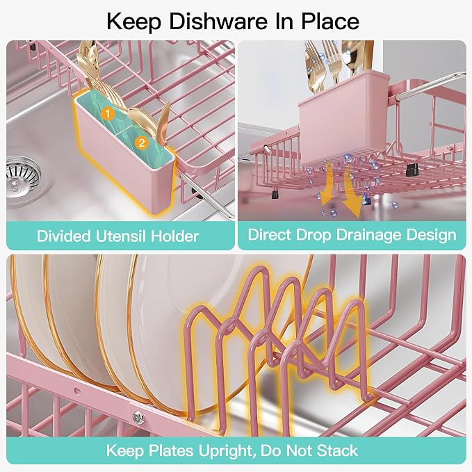JASIWAY Pink Dish Drying Rack Over the Sink with Utensil Holder | Expandable Stainless Steel Dish Driainers for Small Kitchen, Counter Space Saving, Fast Drain, Rust Resistant, For Apartment - Image 8