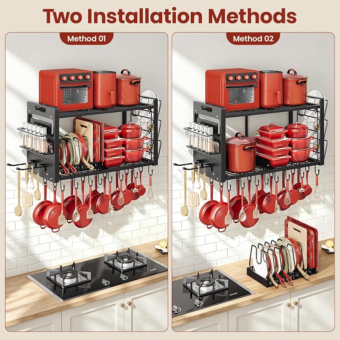Pot Rack Wall Mount, Hanging Heavy Duty Metal Pan Organizer with 20 Hooks,Pot Shelf with 3 Pot Lid Holder with 8 Adjustable Dividers Loads 100lbs for Kitchen Cookware and Utensil storage - Image 6