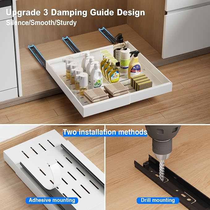MUSTORN Expandable Pull Out Cabinet Organizer, 21"Deep Slide Out Drawer for Cabinets Adhesive Pull Out Drawers Heavy Duty Pull Out Shelves for Kitchen, Cupboard, Pantry, Bathroom(White,1-Pack) - Image 6