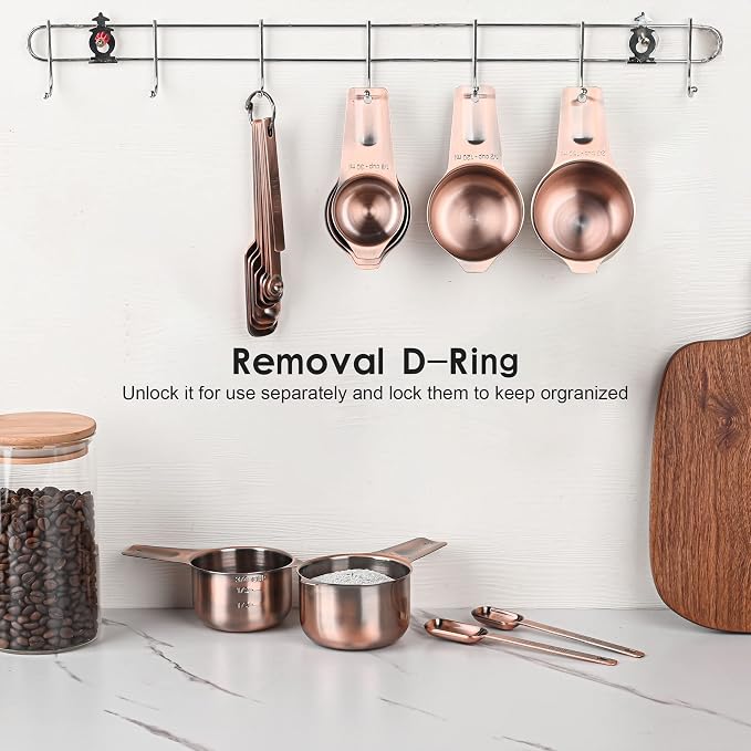 Copper Measuring Cups and Spoons Set 14, Stainless Steel Measuring Cups and Spoons set for Kitchen & Baking, 7 US & Metric Measure Cups & 6 Long Handle Spice Measuring spoons & 1 leveler - Image 8