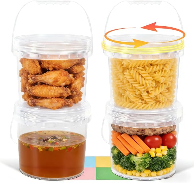 4 Pack 1 Gallon Food Grade Plastic Buckets with Screw Lids & Handle, Reusable Storage Containers for Snacks, Salad, Sauce - Clear Freezer Safe Bucket Set - Image 8