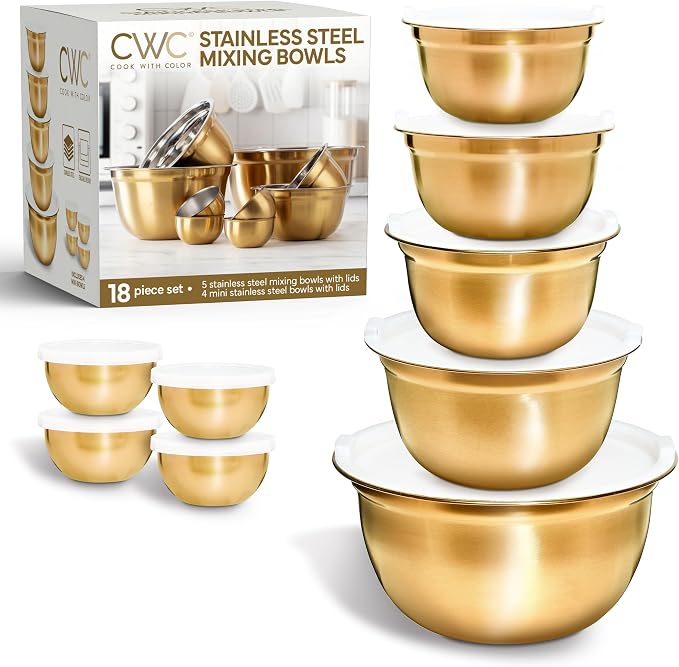 COOK WITH COLOR 18 Piece Mixing Bowls Set with Airtight Lids, Stainless Steel Bowl Organizers, Food Storage Containers, Meal Prep, Nesting Salad Bowls For Cooking, Baking, Kitchen Use, Gold - Image 9