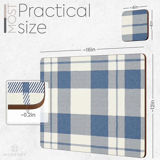 Set of 4 Heat Resistant Country Farmhouse Placemats for Dining Table with Free Set of 4 Matching Drink Coasters Rustic Vintage Design 16 x 12 Inches Cork Backed Hard Placemats/Blue Plaid - Image 7