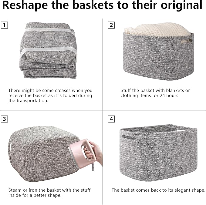 OIAHOMY 4 Pack Storage Baskets for Organizing, Cube Storage Bins for Shelves, Rectangle Storage Baskets With Handles, Woven Baskets for Storage, 12.7''Lx9''Wx7.8''H, Grey - Image 7