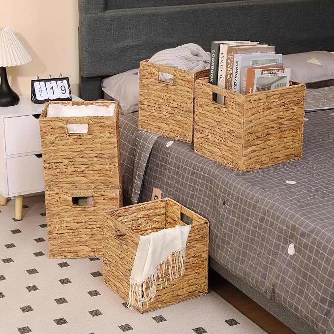11x11in Wicker Storage Baskets Set of 5 Collapsible Water Hyacinth Basket | for Organizing,Handwoven Woven Bins for Bedroom,Living Room,Shelves - Natural - Image 7