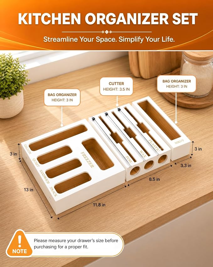 Bamboo Foil and Plastic Wrap Organizer for Kitchen Drawer, 9 in 1 Plastic Bag Organizer Organization and Storage, Food Storage Bag Organizer with Labels for Quart Gallon Snack (White) - Image 7