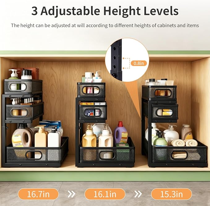3 Tier Mesh Pull Out Organizer Black 2 Pack Sliding Rack | 2 pack mesh organizers for multi cabinet storage of cleaning tools and household essentials in kitchen and bathroom spaces - Image 8
