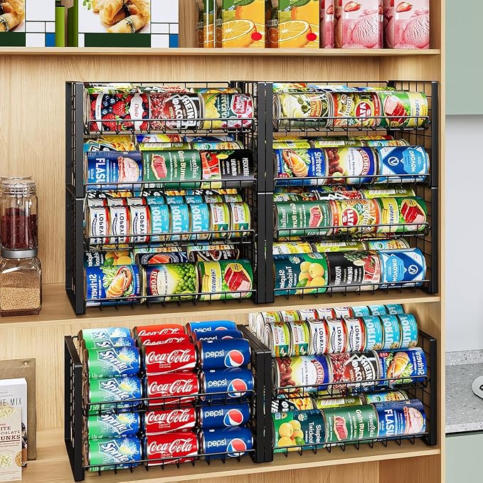 JKsmart 2-Tier Stackable Rack Organizer for Pantry, Adjustable Dispenser Holds Up to 120 Cans, Storage Holder for Various Ounces of Canned Drinks, Black, 4 Pack - Image 9