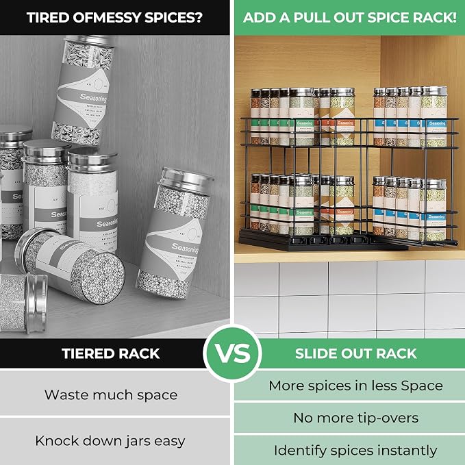 Mystozer Pull Out Spice Rack Organizer for Cabinet, Slide Out Spice Racks, Easy to Install Spice Cabinet Organizers, 7.4" Wx10.43 Dx8.26 H, 3 Drawers 2 Tiers(Black) - Image 8