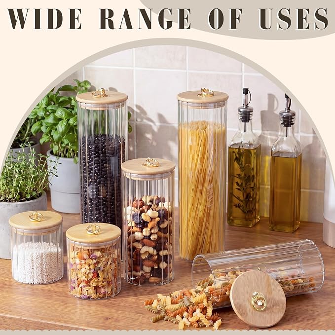 SiliFine 6 Set Glass Pantry Storage Jar with Acacia Airtight Lid 3 Size Glass Storage Container Jar for Pasta Spaghetti Cereal Coffee Bean Flour Sugar Rice, 17oz, 35oz, 53oz (Bamboo Lid with Ring) - Image 7