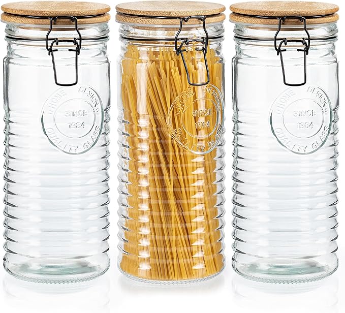 Tall Glass Pasta Storage Containers with Airtight Clasp Lids - Set of 3 Glass Spaghetti Storage Containers for - 56 Ounce Pantry Organizing Canister Set - 9.75 Inch Tall - Image 7