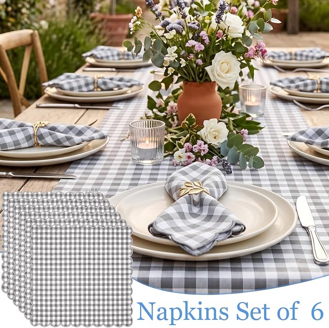 SmoothNovelty 6 Pack Buffalo Plaid Cloth Napkins 18x18 Inch Checkered Cloth Napkins Scalloped Soft Cotton Table Mat Washable Reusable for Dinner Wedding Holiday Birthday Parties (Classic,Gray) - Image 7
