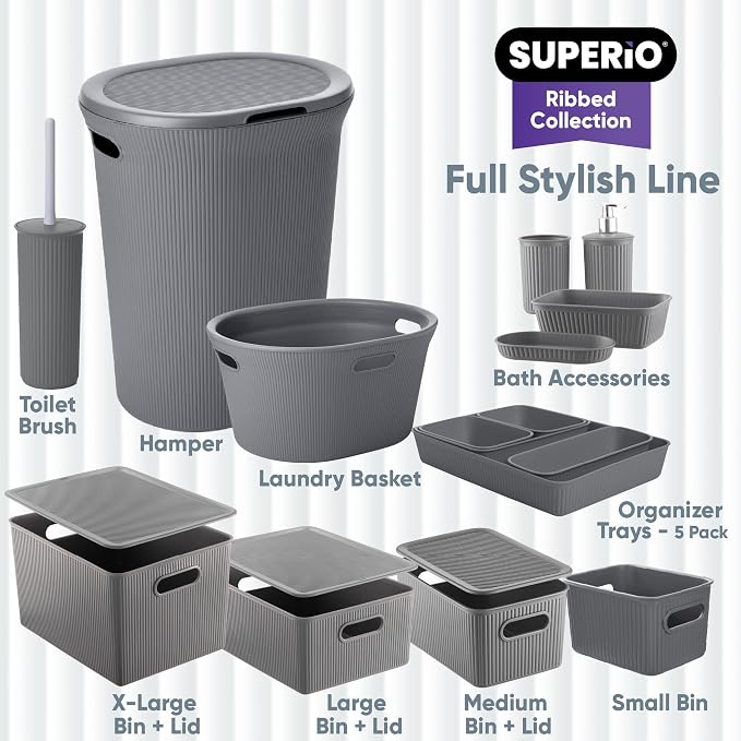 Superio Ribbed Collection - Decorative Plastic Basket Open Home Storage Bins Organizer, Grey (Set of 4) 1 Large, 1 Medium, 2 Small - Container Boxes for Organizing Closet Storage Bins for Shelves - Image 6