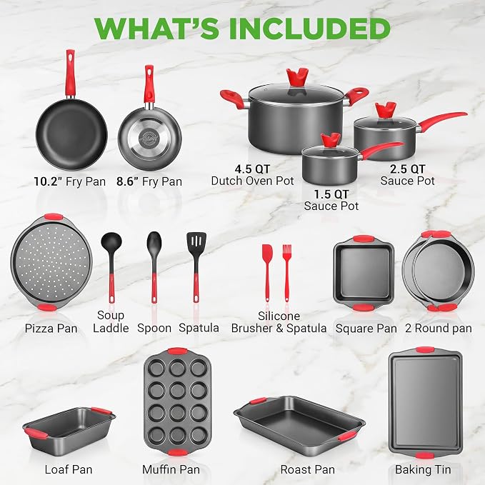 NutriChef 21-Piece Nonstick Cookware Set - PTFE/PFOA/PFOS Free Heat Resistant Lacquer Kitchen Ware Pots Pan w/ Cool-Touch Handles, Saucepan, Fry Pans, Lid, Bakeware, For Gas Electric Ceramic Cooktops - Image 7