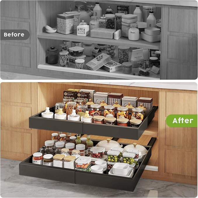 Seinloes 2 Pack Pull Out Cabinet Organizers 21"Deep with Raising Pad for Framed Cabinets,Expandable Slide Out Drawers Upgrade 3 Slide Rails,Roll Out Shelves Adhesive,Adjustable Width 12"-20.45" Black - Image 6