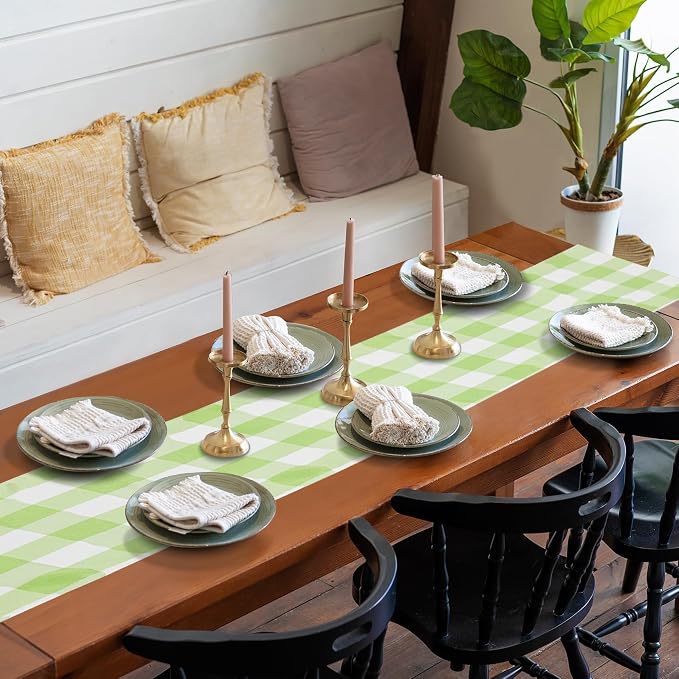 Cupuamon Fabric Checkered Table Runner 6 Pack Waterproof Gingham Table Runner 14W x 108L Buffalo Check Table Runners for Parties Kitchen Dining Wedding Banquet (Emerald and White) - Image 7
