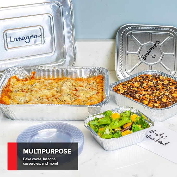 Stock Your Home Disposable Foil Pans with Lids (Set of 40) Heavy Duty Aluminum Pans with Lids (20) 9x13, (10) 8x8, (10) 1-Lb Baking Tins with Covers for Cooking, Heating, Storing, Holiday Dinner Meals - Image 7