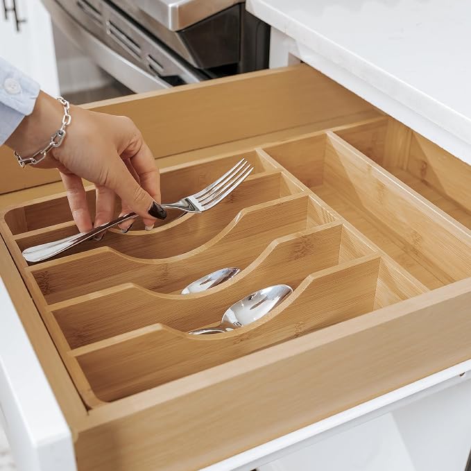 Silverware & Utensil Organizer, Fixed 10.5 in, Bamboo | Cutlery, flatware holder, rounded corners, 7 compartments, non-slip feet, kitchen drawers - Image 9