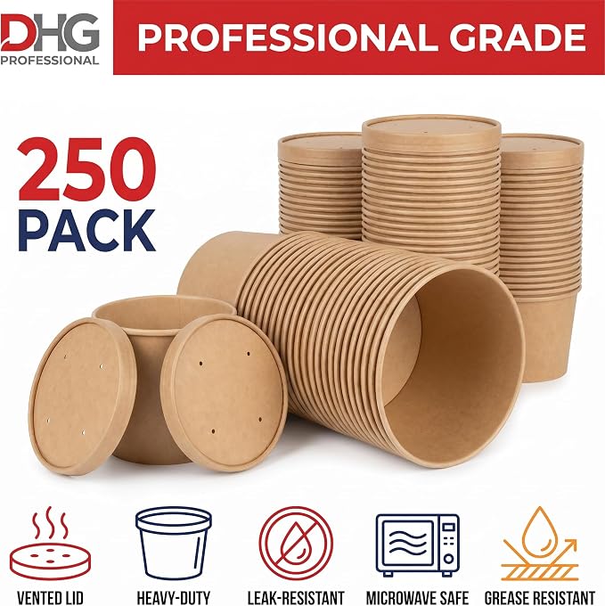 250 Sets Kraft Paper Food Containers With Vented Lids, To Go Hot Soup Bowls, Disposable Ice Cream Cups - Kraft - Image 6