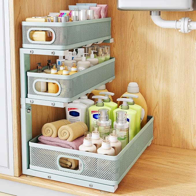 Under Sink Organizer, 3-Tier Thickened Metal Pull out Cabinet Organizer Shelf, Height Adjustable Slide out Storage Drawer Rack for Kitchen Bathroom Pantry Laundry Home, 1-Pack, LightBlue | 35% Extra Storage Capacity, Carbon Steel, Hold Up 55lbs, Suctio... by HERJOY