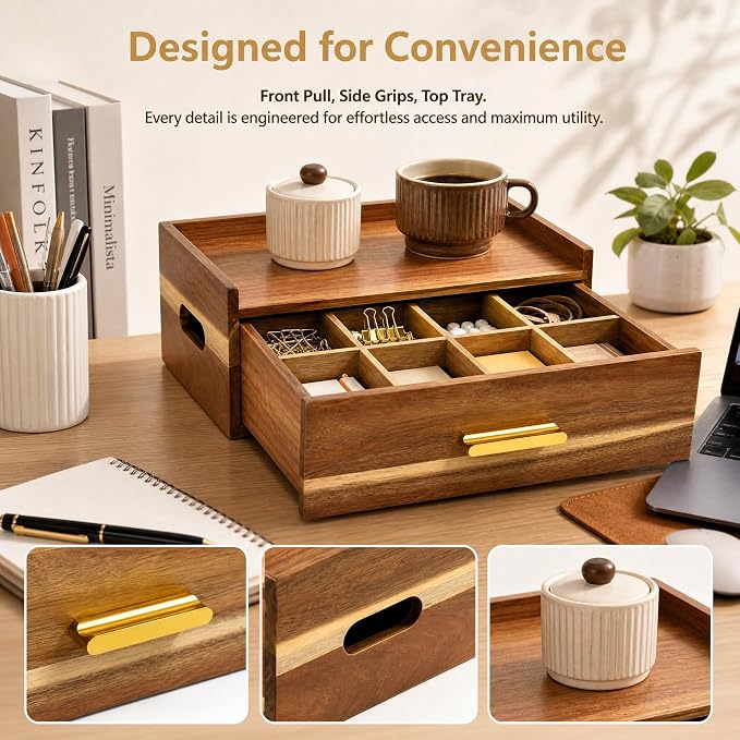 Acacia Wood Tea Bag Organizer 8 Compartment Storage Box & Organizer with Drawer Tea Bag Holder Container Chest,Coffee Station Sugar Packet Display for Countertop, Pantry, Office Cabinet - Image 7
